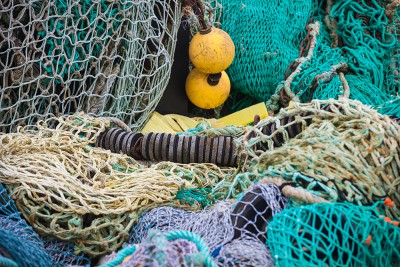 Fishing nets and buoys in a harbor in Brittany