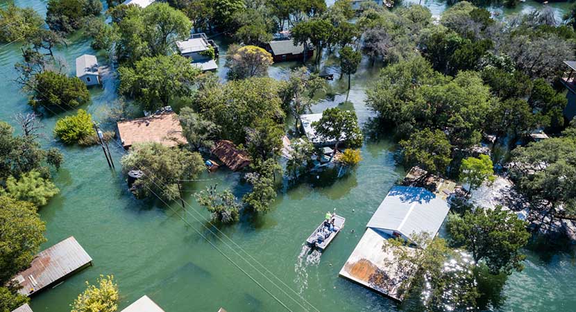 A drone shot of several flooded houses